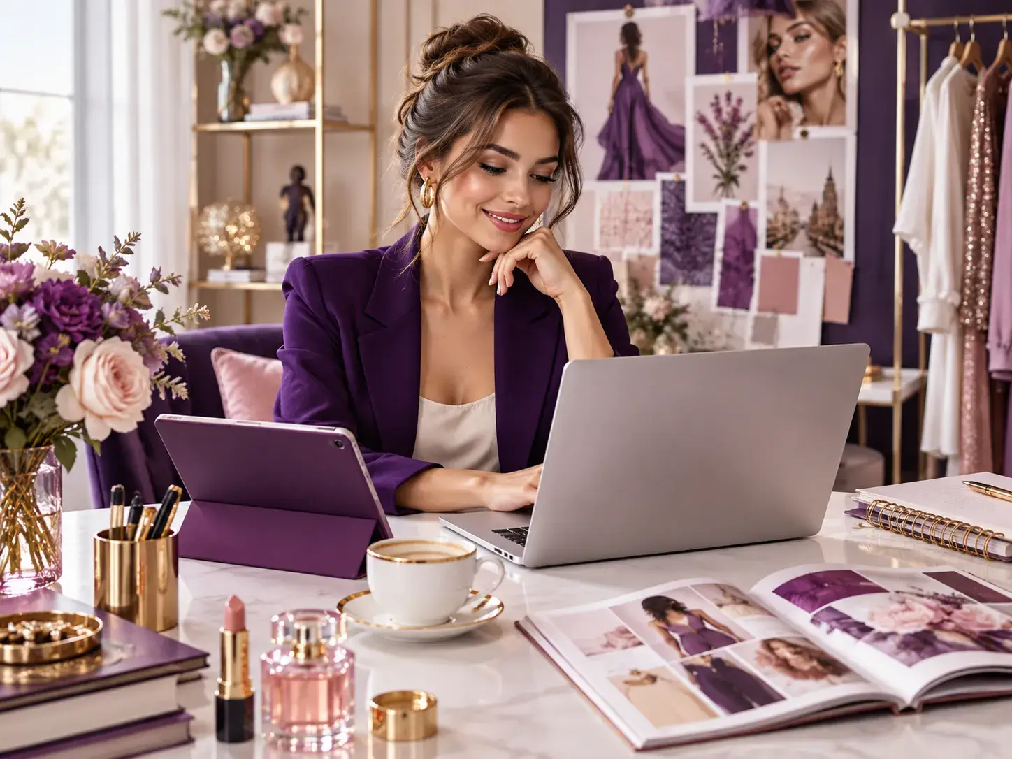 Stijlvolle vrouw werkt op laptop in een elegante paarse studio met mode-, lifestyle- en beautyinspiratie voor registratie en deelname bij Diva Planet. Registreer