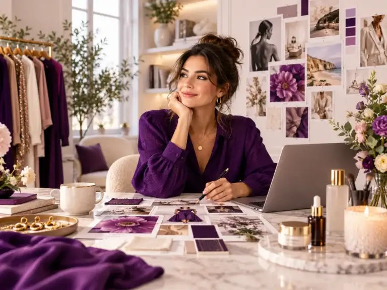 Stijlvolle vrouw aan een creatieve werkplek met laptop, moodboard en mode- en beauty-inspiratie in paarse tinten. Diva Planet