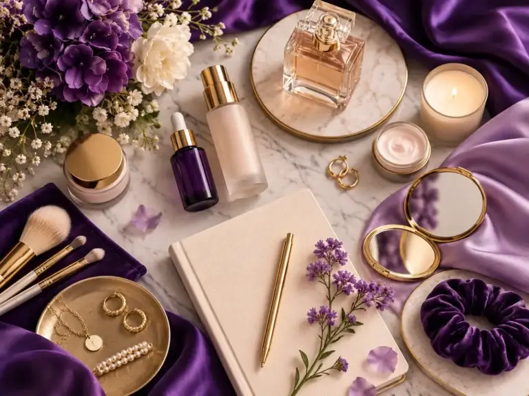 Elegante flatlay met beautyproducten, sieraden, bloemen en notitieboek in luxe paarse en zachte neutrale kleuren.