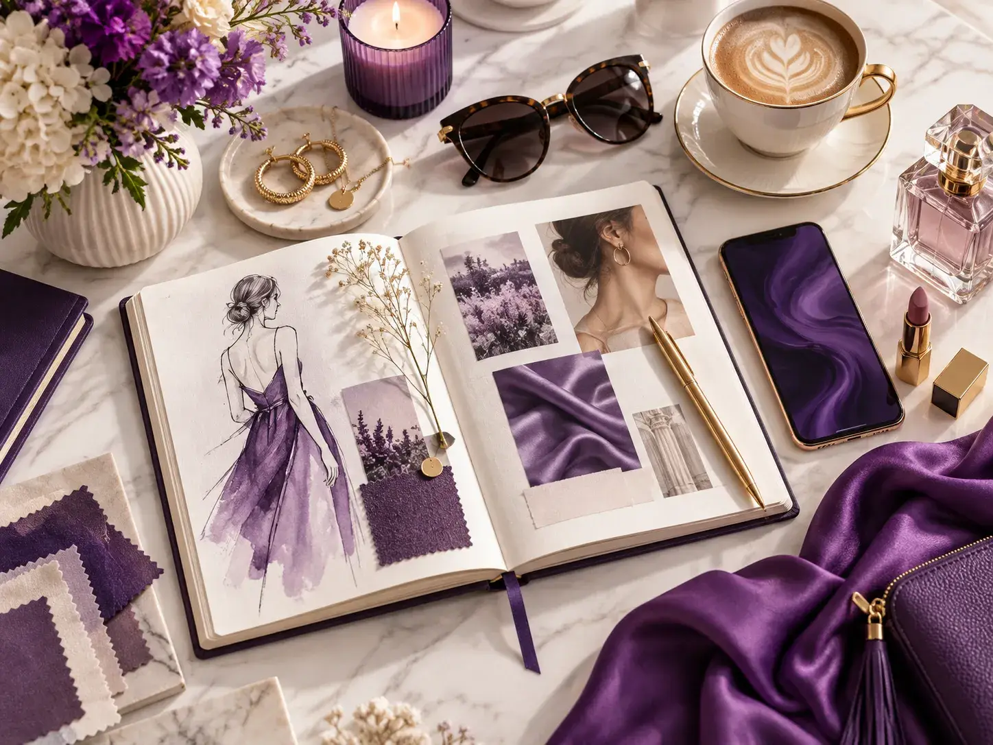 Verzorgde flatlay met schetsboek, stoffen, accessoires, koffie en beautyproducten als inspiratie voor mode en lifestyle.