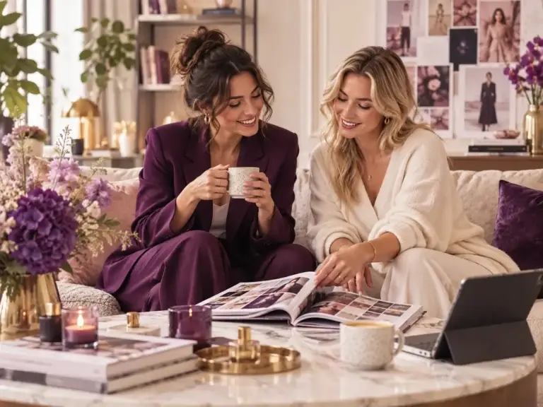 Twee vrouwen bekijken samen een magazine in een sfeervolle lounge met koffie, bloemen en mode- en beautyinspiratie.