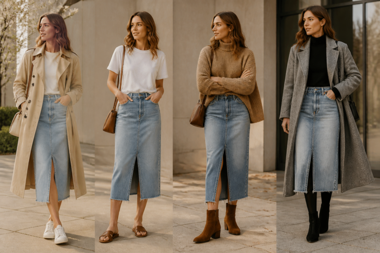 denim rok outfits combineren
