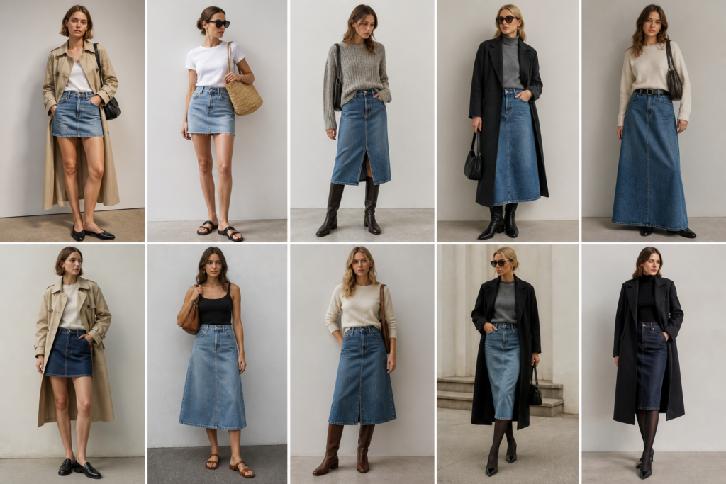 denim rok outfits combineren