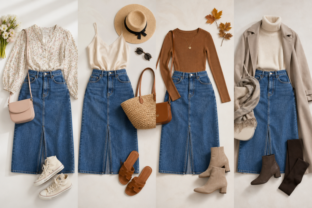 denim rok outfits combineren